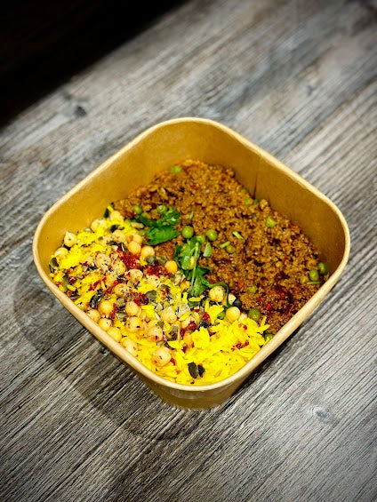 Indian beef mince keema curry with turmeric rice